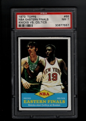 1973-74 Topps #066 NBA EASTERN FINALS KNICKS VS CELTICS PSA 7 NM WILLIS REED HENRY FINKEL